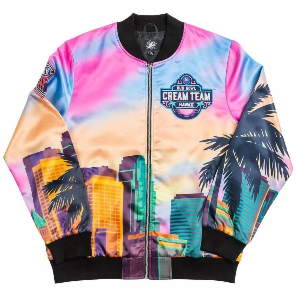 NEW HP FARMS men's cream team hawaii light weight satin jacket in multi